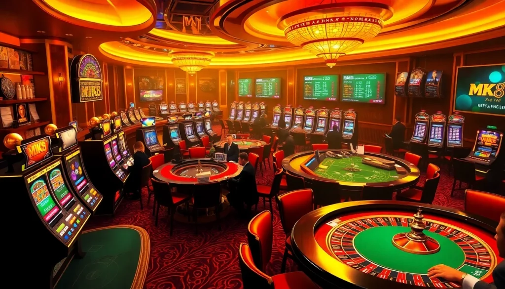 Experience thrilling MK8 bets at a luxurious casino with vibrant slot machines and poker tables.