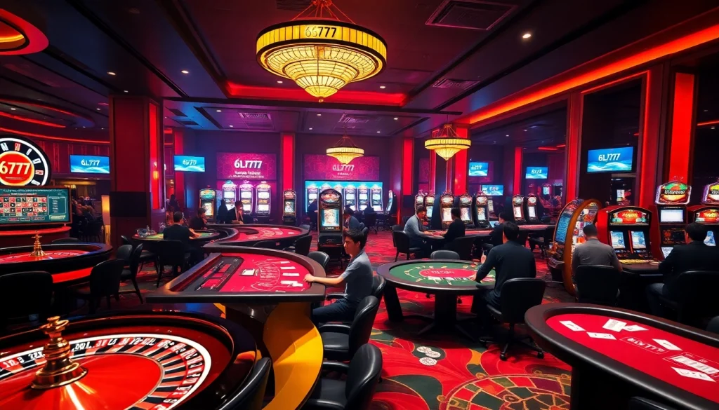 Exciting 6L777 casino gaming scene with players at roulette and poker tables, showcasing thrill and luxury.