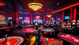 Exciting 6L777 casino gaming scene with players at roulette and poker tables, showcasing thrill and luxury.