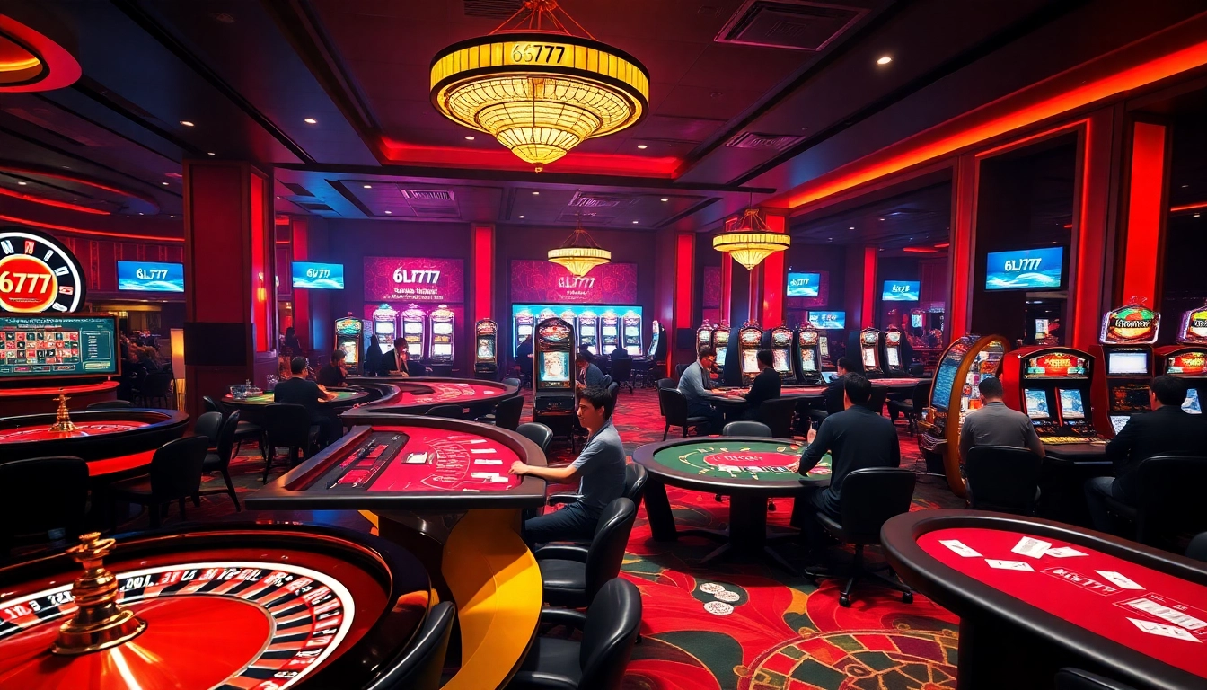 Exciting 6L777 casino gaming scene with players at roulette and poker tables, showcasing thrill and luxury.