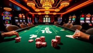 Experience high-stakes action with TR88 at a premium casino table surrounded by vibrant gambling elements.