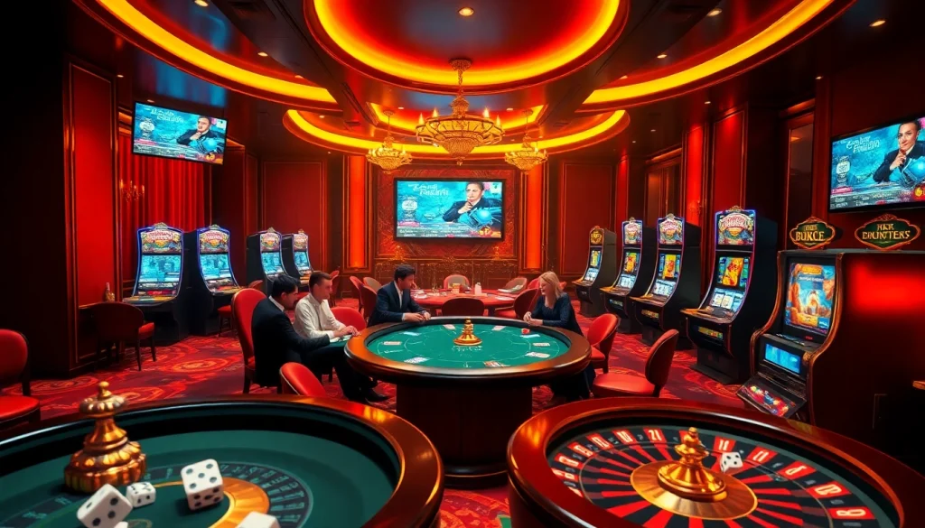 Engage in luxurious gaming at BK8 with a vivid casino scene featuring poker tables and roulette wheels.