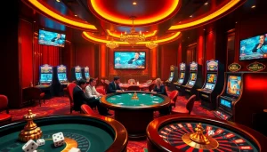 Engage in luxurious gaming at BK8 with a vivid casino scene featuring poker tables and roulette wheels.