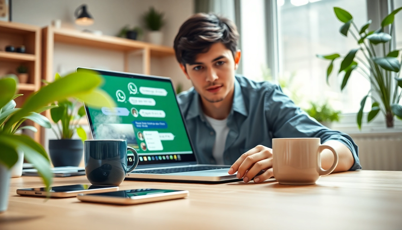 展示在笔记本电脑上的WhatsApp网页版的引人入胜工作区，强调生产力与现代沟通。