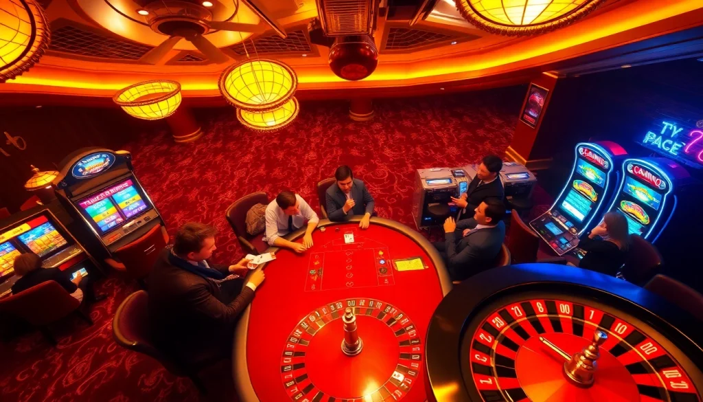 Exciting scene at a casino with players engaged at the poker table and roulette wheel at https:/sc88.bz/