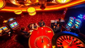 Exciting scene at a casino with players engaged at the poker table and roulette wheel at https:/sc88.bz/