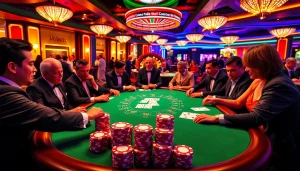 Experienced players enjoying a competitive poker game with vibrant chips and cards.