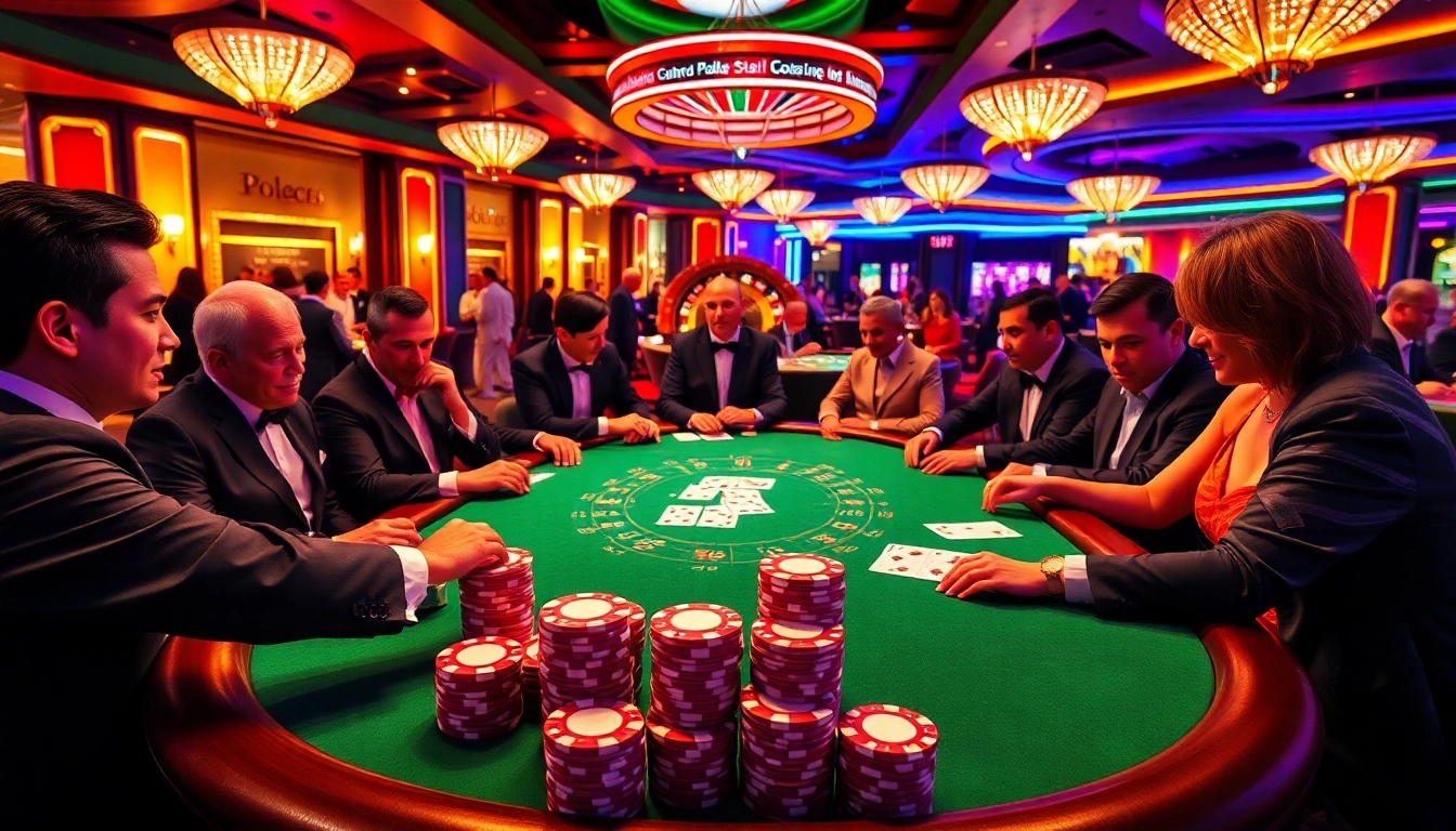 Experienced players enjoying a competitive poker game with vibrant chips and cards.