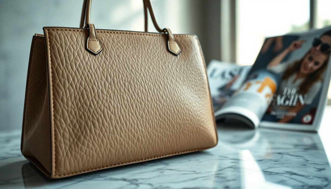 명품 이미테이션 핸드백이 대리석 표면에 세련되게 놓여 있는 사진입니다.