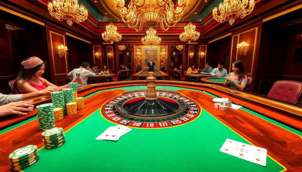 RR88 players engaging at a vibrant roulette table in an elegant casino.