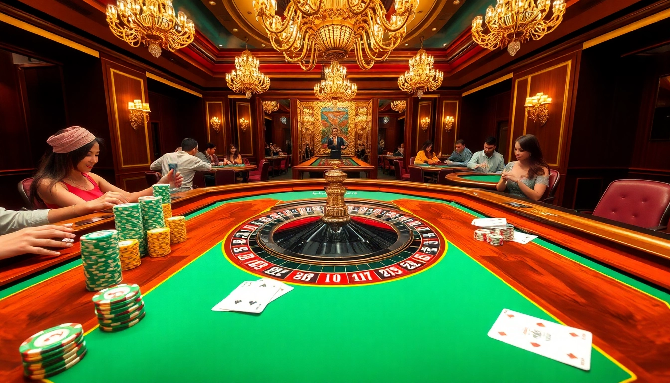RR88 players engaging at a vibrant roulette table in an elegant casino.