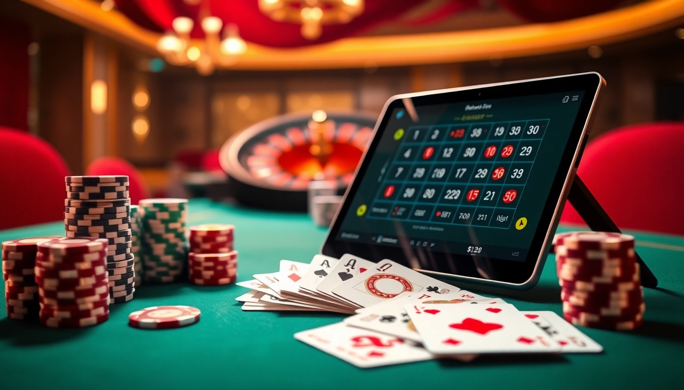 Experience the thrill of online gambling at https://www.bdtk66.one/ with poker chips, cards, and a spinning roulette wheel.