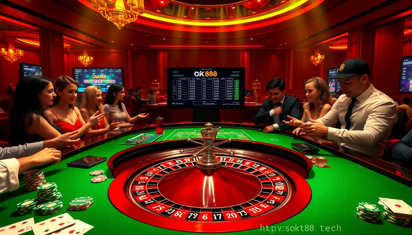 Captivating casino scene showcasing excitement at a roulette table, featuring https://ok88.tech/ elements.
