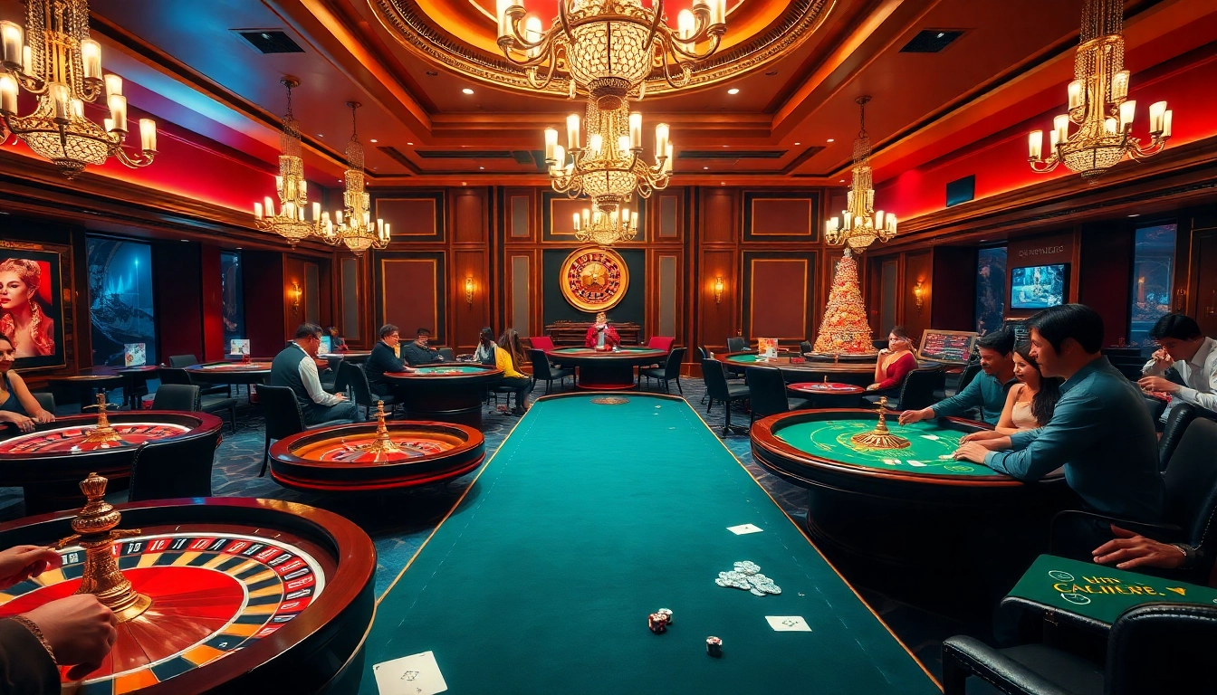 Gamble with thrill at https://fun88.se.net/, featuring a luxurious casino scene with poker tables and engaging players.