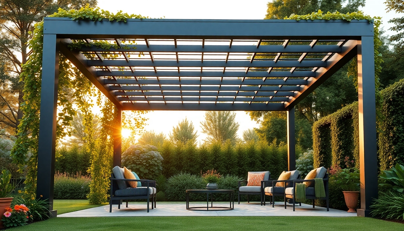 Modern steel pergola enhancing a stylish garden, featuring sleek design and vibrant colors.