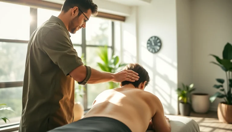 Osteopathie-Behandlung: Osteopath, der im hellen Raum einen Patienten behandelt.