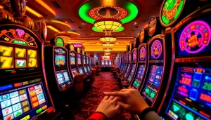 Pemain meraih kemenangan besar pada mesin slot pulsa dalam lingkungan kasino yang penuh semangat.