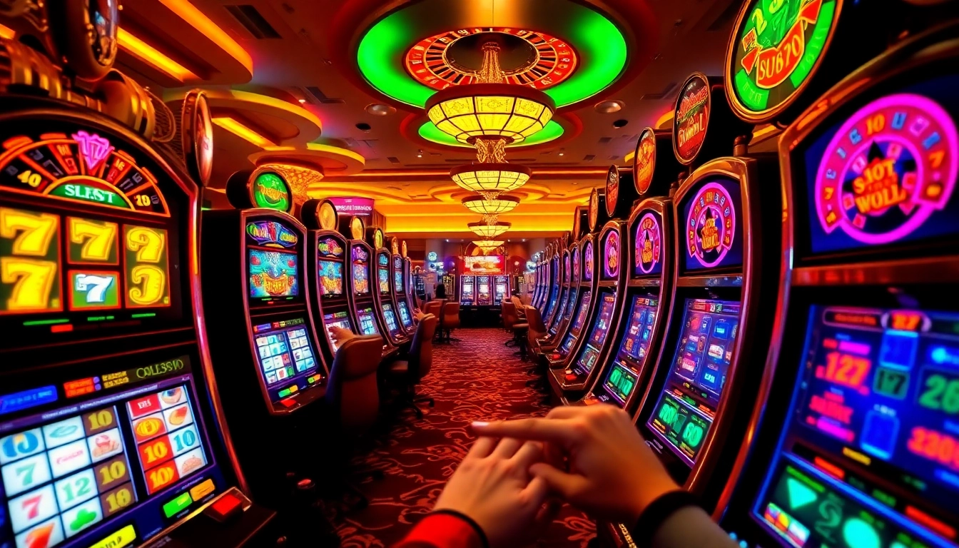 Pemain meraih kemenangan besar pada mesin slot pulsa dalam lingkungan kasino yang penuh semangat.