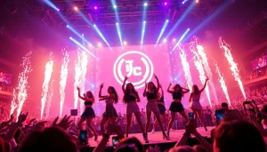 Capturing Blackpink news with the band performing on stage amidst vibrant lights and an excited crowd.