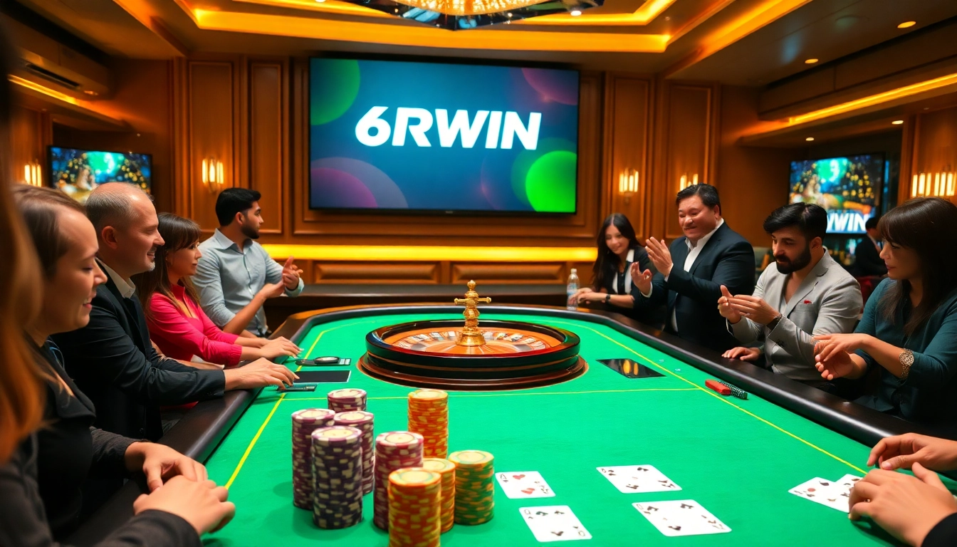 Engage with 6RWIN casino tables featuring poker chips, dice, and a vibrant atmosphere.