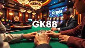 Engaging poker scene featuring intense players and the vibrant atmosphere of GK88 casino gaming.