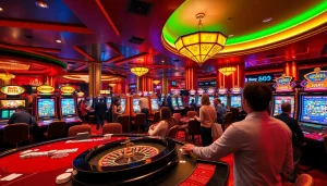 Engaging scene of gamblers enjoying various casino games at OK365 online platform.