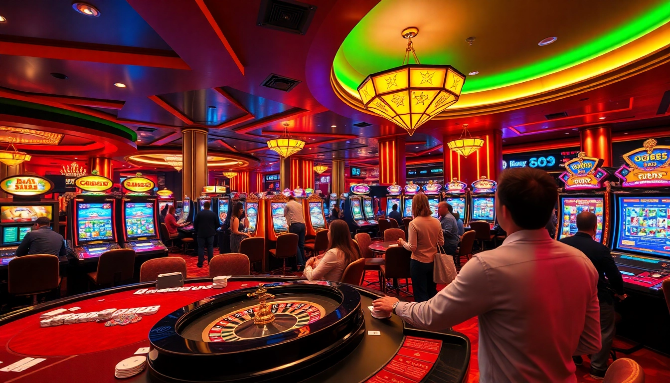 Engaging scene of gamblers enjoying various casino games at OK365 online platform.