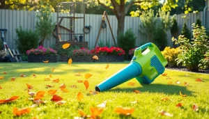 Efficient electric leaf blower clearing leaves in a lush garden setting.