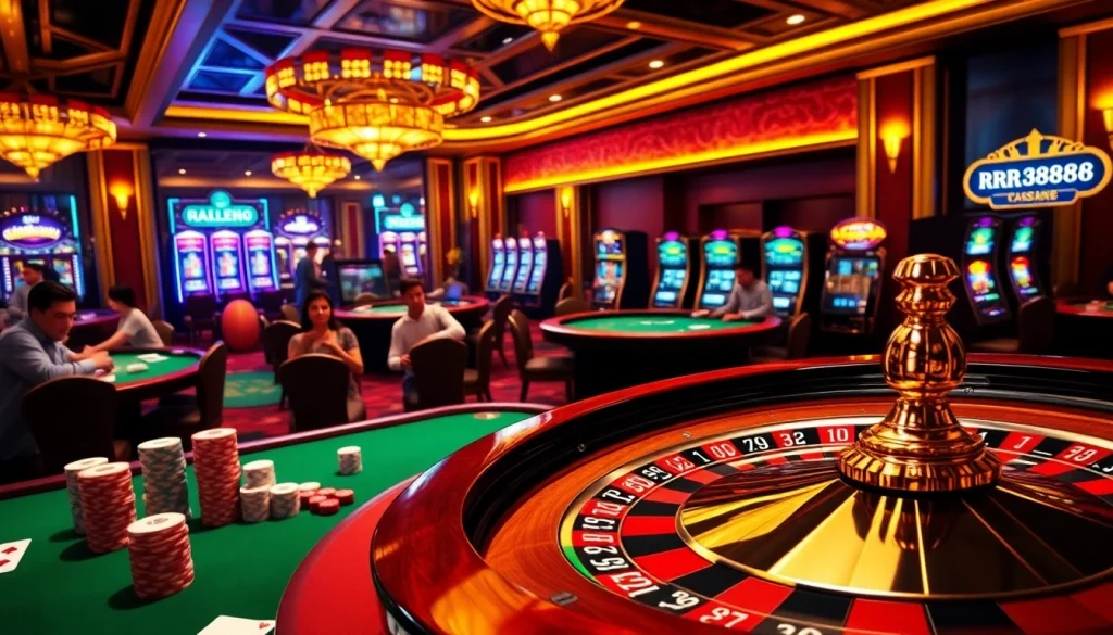 RR88 players enjoying an immersive casino experience with vibrant slot machines and a spinning roulette wheel.