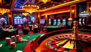 RR88 players enjoying an immersive casino experience with vibrant slot machines and a spinning roulette wheel.