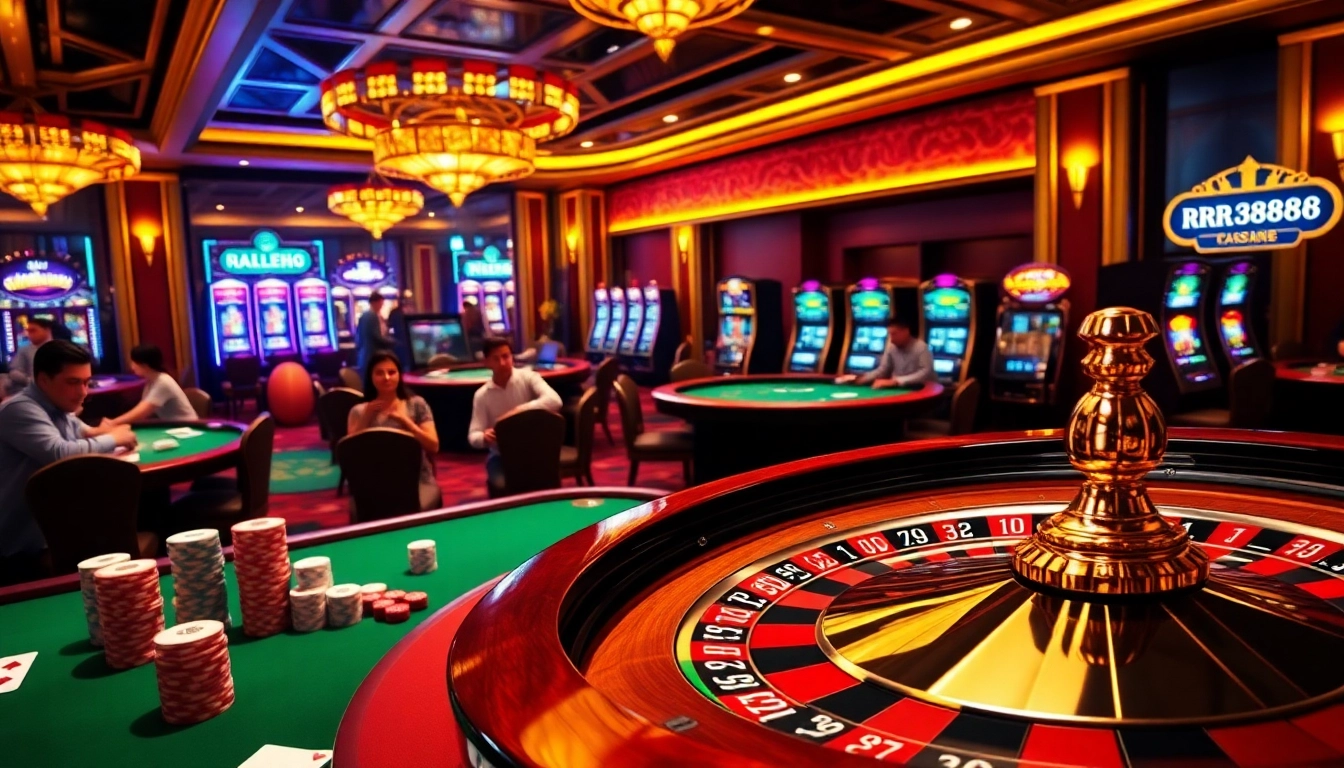RR88 players enjoying an immersive casino experience with vibrant slot machines and a spinning roulette wheel.