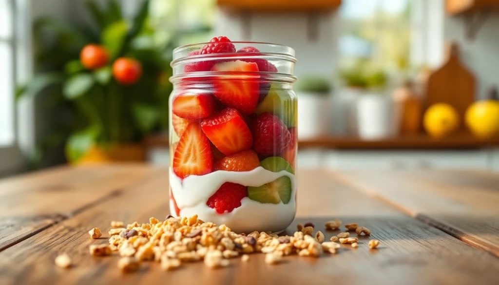 Enjoy a vibrant breakfast in a mason jar at https://masonjarbreakfast.com, featuring tasty fruits and yogurt.