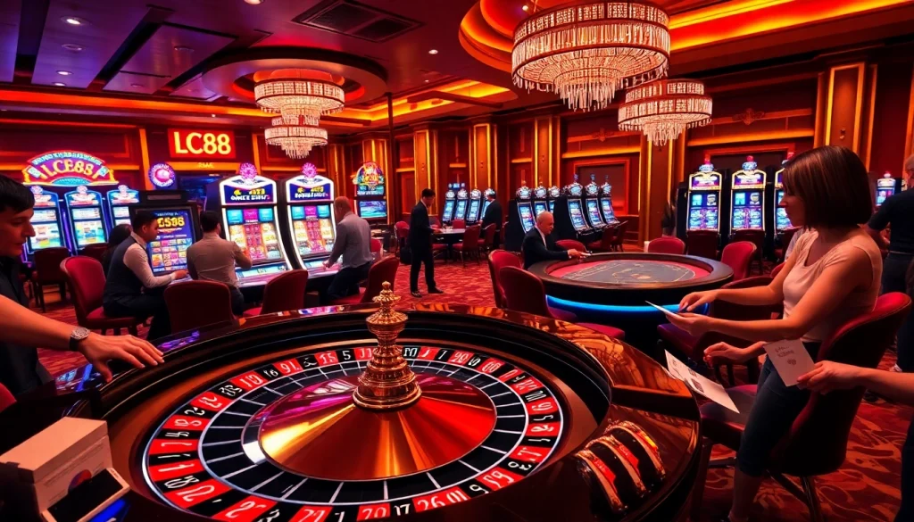 Players enjoy high-stakes gaming at LC88's luxurious casino tables filled with poker chips and cards.