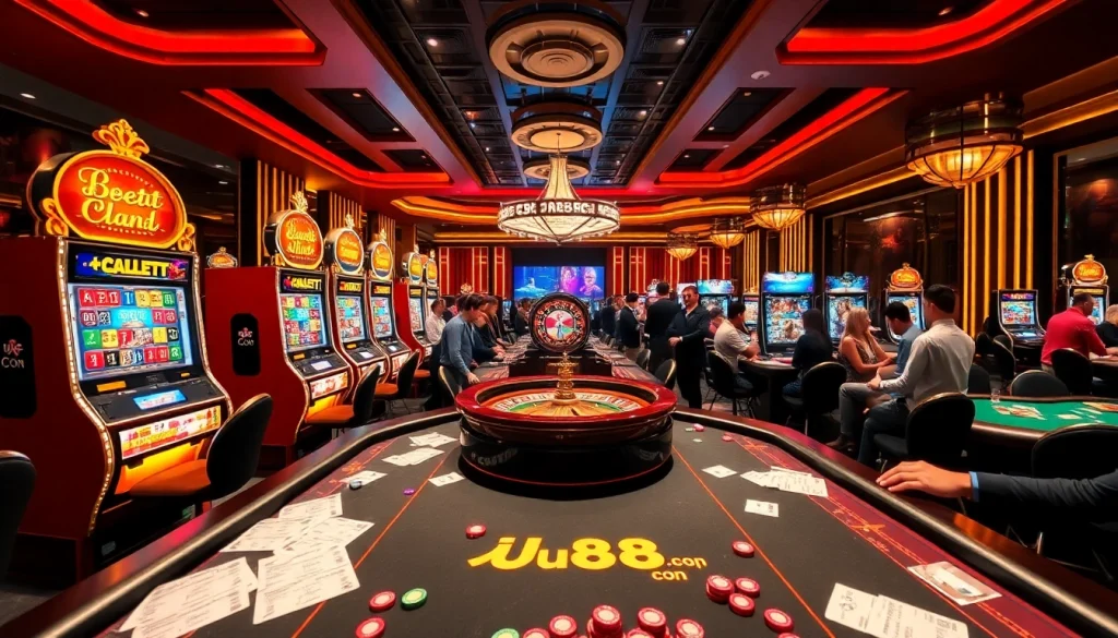 Players engaging in thrilling gambling action at uu88 con casino tables, enjoying a luxurious experience.