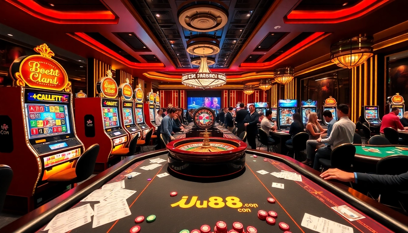Players engaging in thrilling gambling action at uu88 con casino tables, enjoying a luxurious experience.