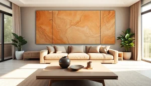 Add a stunning wall accent panel for a sophisticated living room look with unique textures and colors.