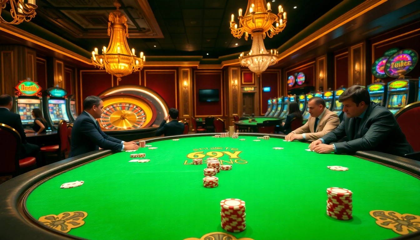 Jogadores engajados à mesa de pôquer em um ambiente de cassino luxuoso, exibindo decoração temática 69Y.