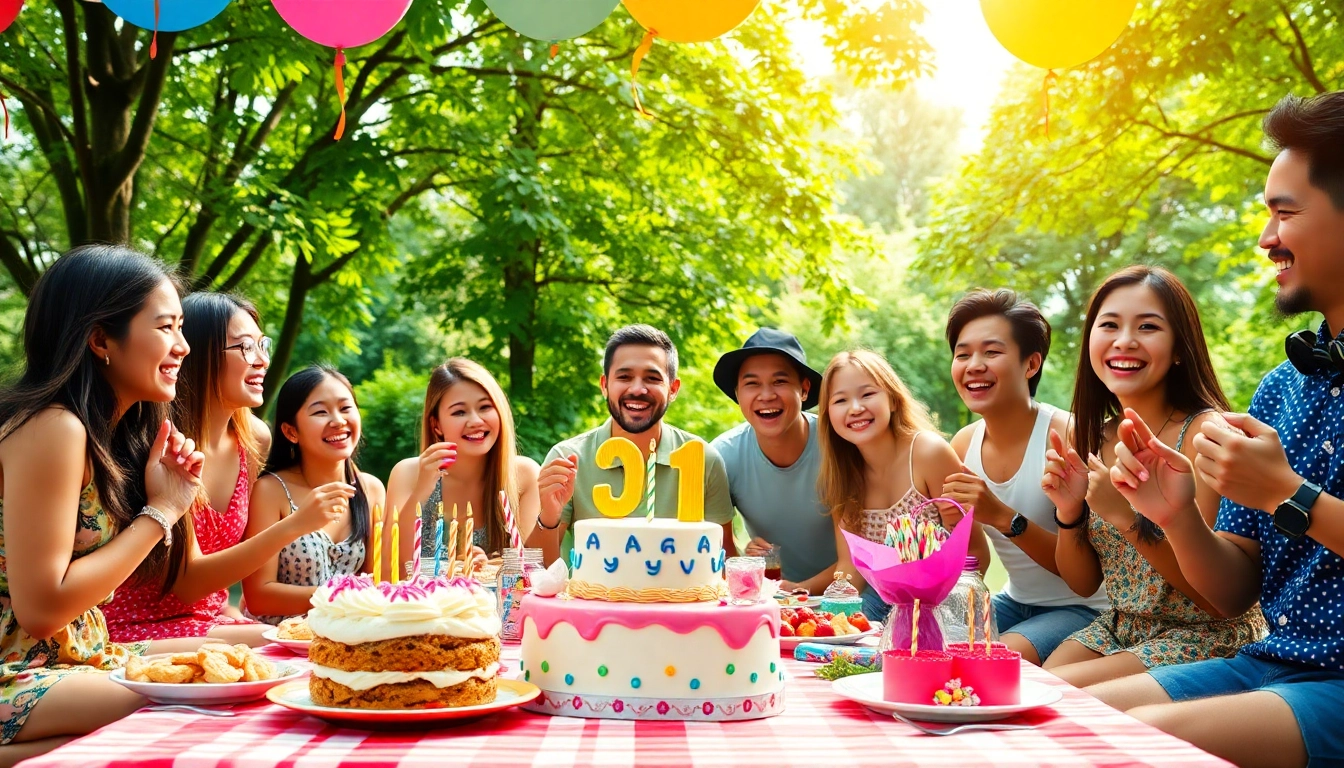 Excited friends enjoying a lively Singapore birthday party with colorful decorations and tasty treats.