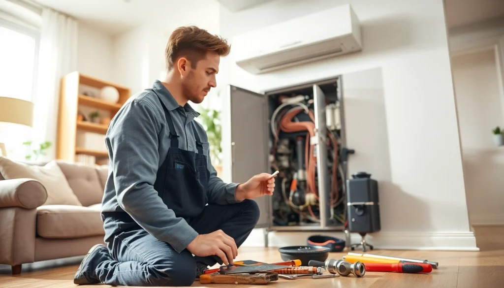 Technician servicing heating repair pound ridge in a modern home setting, depicting professionalism and expertise.