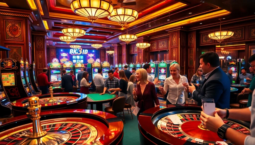 Enjoy thrilling bk8 สล็อต games at a lavish casino with illuminated slot machines and excited players.