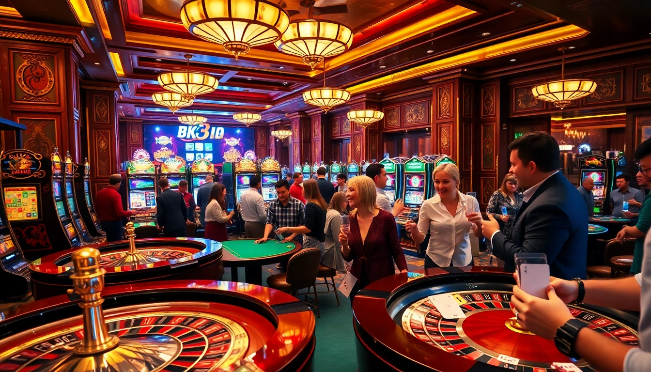 Enjoy thrilling bk8 สล็อต games at a lavish casino with illuminated slot machines and excited players.