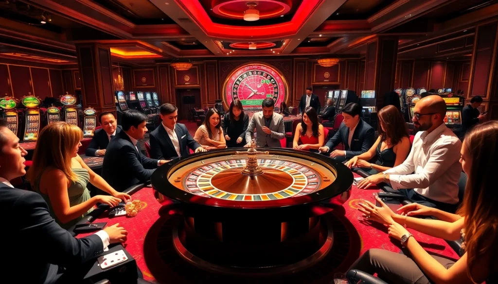 Players enjoying a thrilling roulette game at hb88 com, surrounded by vibrant casino elements.