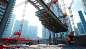 Visual representation of structural steel installation showcasing workers and equipment in action.