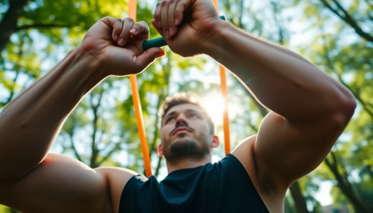 Strong individual using a pull-up assist band outdoors for fitness training.