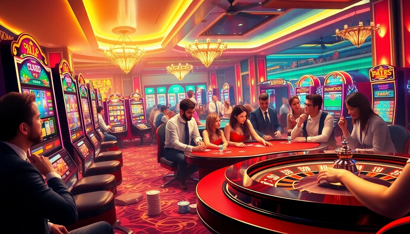 Tham gia vào thế giới cờ bạc đầy kích thích tại https://luck8.com, với máy xèng đầy màu sắc và người chơi ở bàn poker.