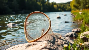 Engaging fly fishing net set against a tranquil river landscape, highlighting its craftsmanship.