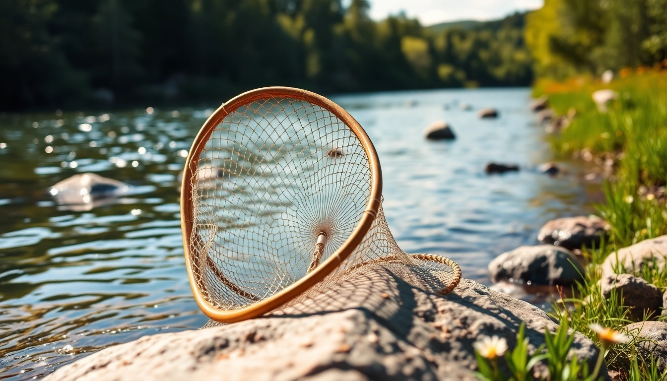 Engaging fly fishing net set against a tranquil river landscape, highlighting its craftsmanship.
