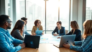 Crisis management consultant leading a team strategy session in a professional office.