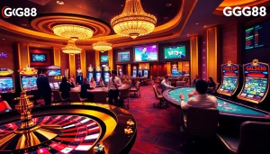 GG88 online casino showcasing immersive gambling experiences with vibrant slot machines and poker tables.