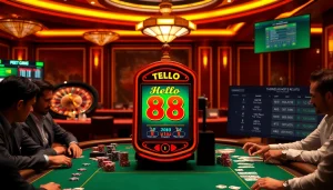 Experience the excitement of Hello 88 with a luxurious casino atmosphere featuring slot machines and poker games.